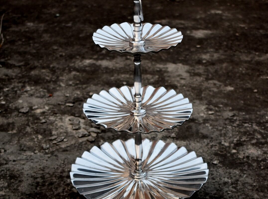 3 tier Cake Stand - 11, 8 inch dia Chrome Finish Ribbed / Stainless Steel