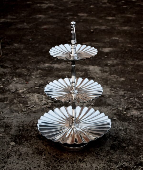 3 tier Cake Stand - 11, 8 inch dia Chrome Finish Ribbed / Stainless Steel