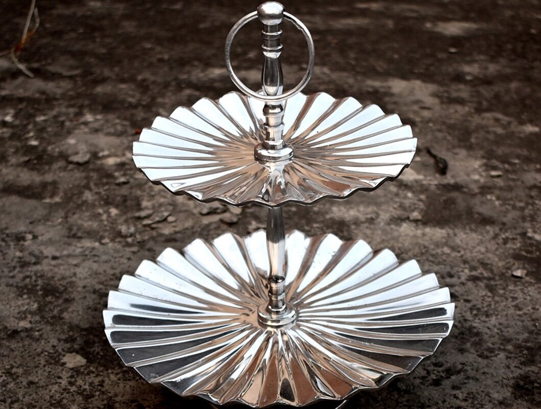 2 tier Cake Stand - 11, 8 inch dia Chrome Finish Ribbed / Stainless Steel
