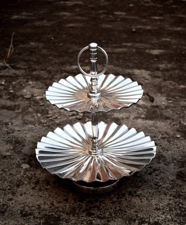 2 tier Cake Stand - 11, 8 inch dia Chrome Finish Ribbed / Stainless Steel
