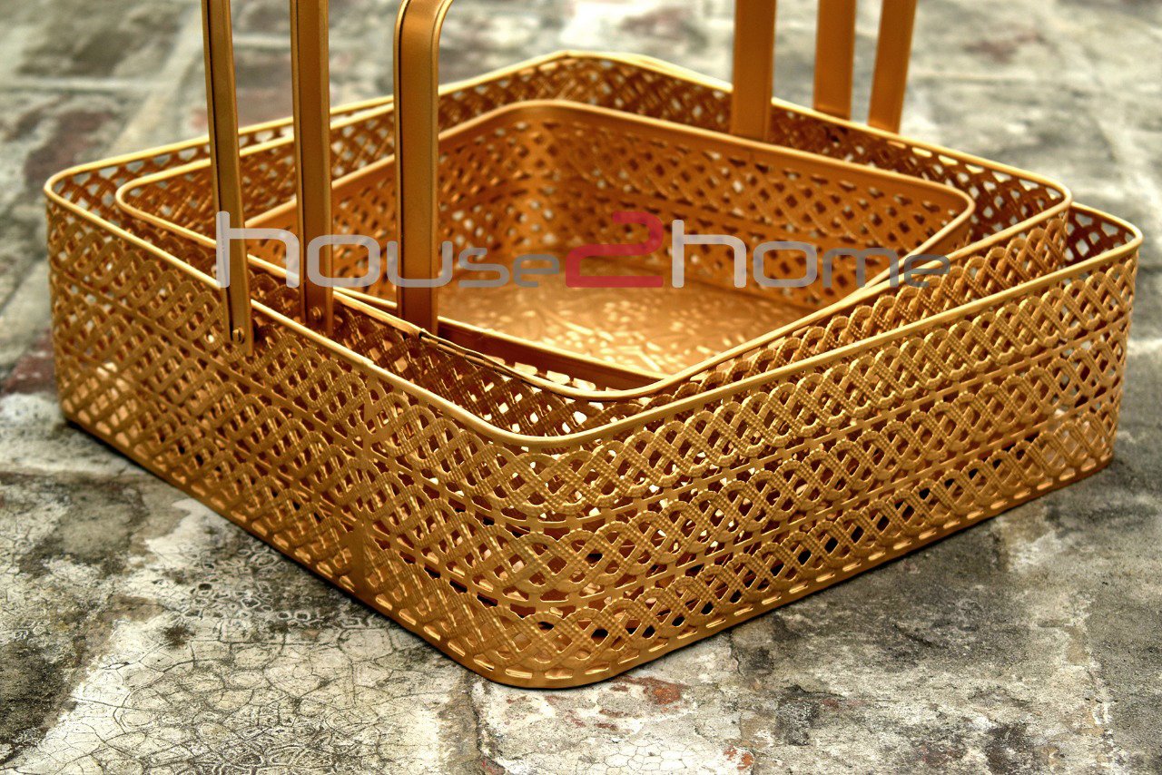 Square Hamper Basket Embossed Border with carved bottom 10 12 14 inches   Set of 3  House2homeh2h Manufacture Metal Wood  Glass handicrafts  Moradabad India