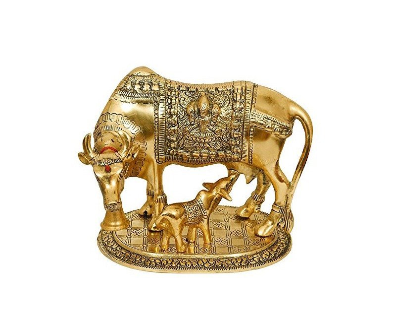 Kamdhenu Cow With Calf Idol-Antique Gold Finish - Image 11