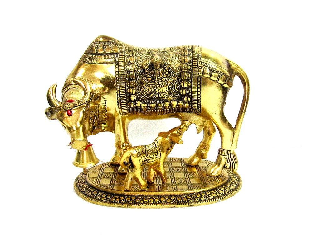 Kamdhenu Cow With Calf Idol-Antique Gold Finish - Image 9