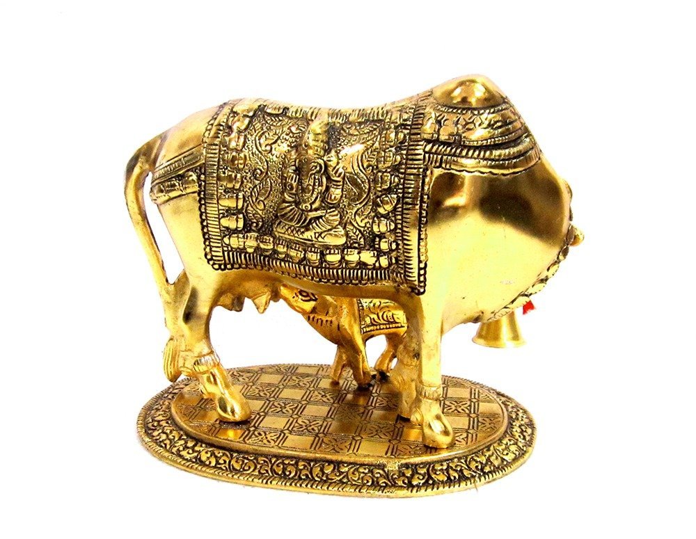 Kamdhenu Cow With Calf Idol-Antique Gold Finish - Image 8