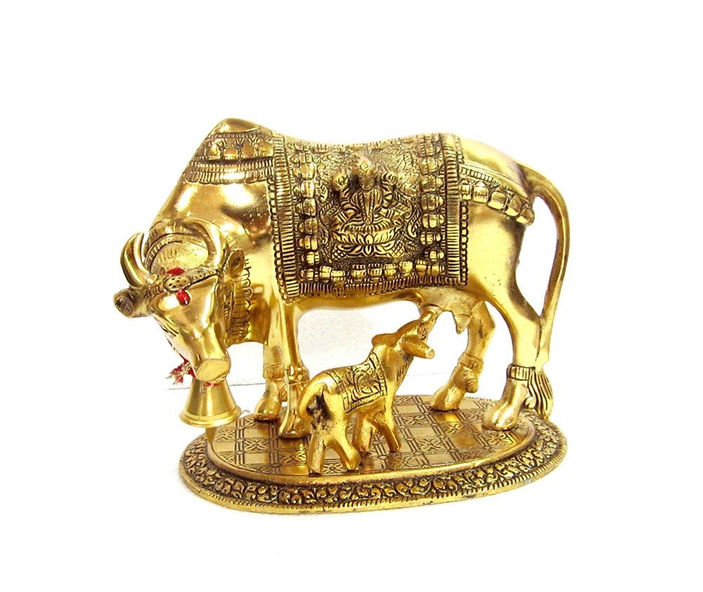 Kamdhenu Cow With Calf Idol-Antique Gold Finish - Image 7