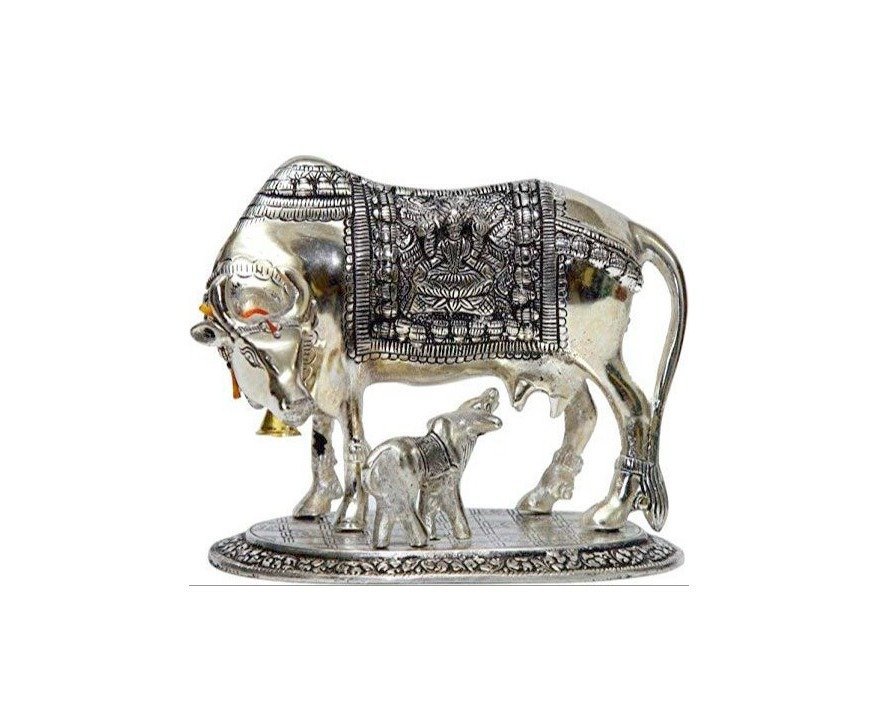 Kamdhenu Cow With Calf Idol-Antique Gold Finish - Image 6