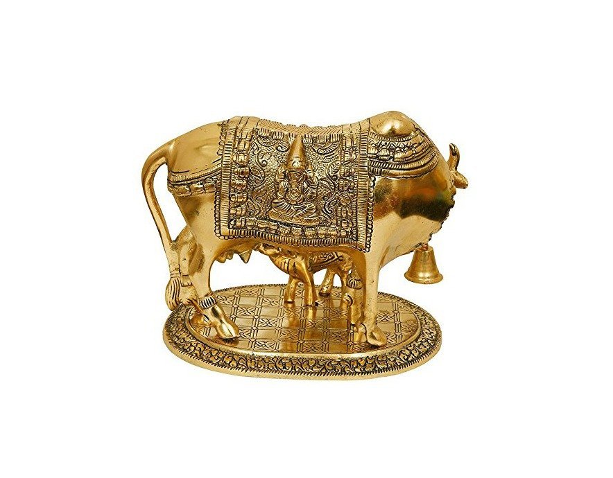Kamdhenu Cow With Calf Idol-Antique Gold Finish - Image 5