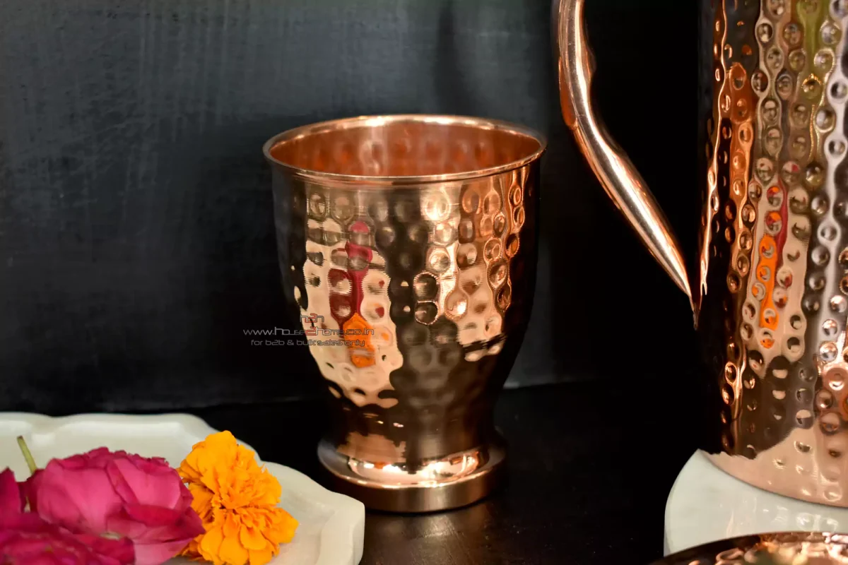 Traditional hammered copper drinkware, perfect for Diwali gift sets and Dhanteras collections.