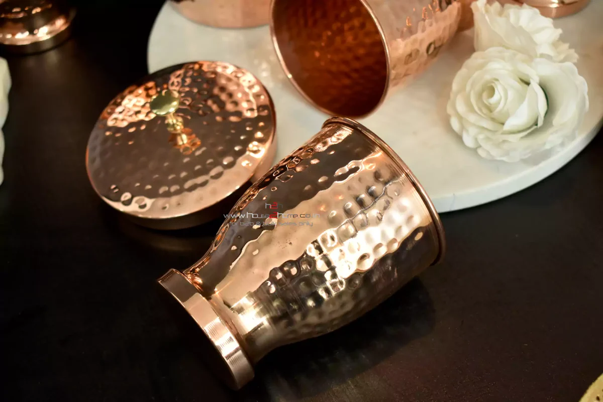 Traditional hammered copper drinkware, perfect for Diwali gift sets and Dhanteras collections.