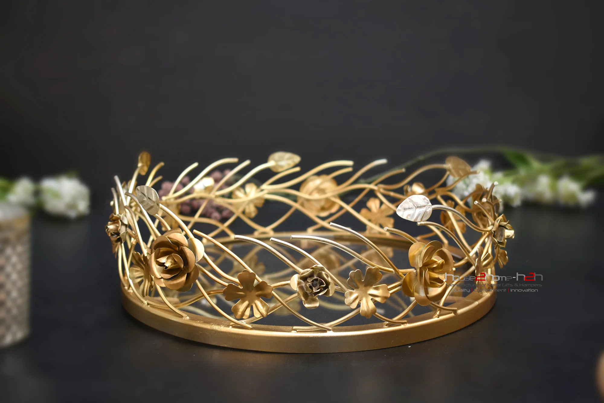 his golden floral tray is perfect for showcasing sweets and festive offerings during Diwali and Dhanteras collections.