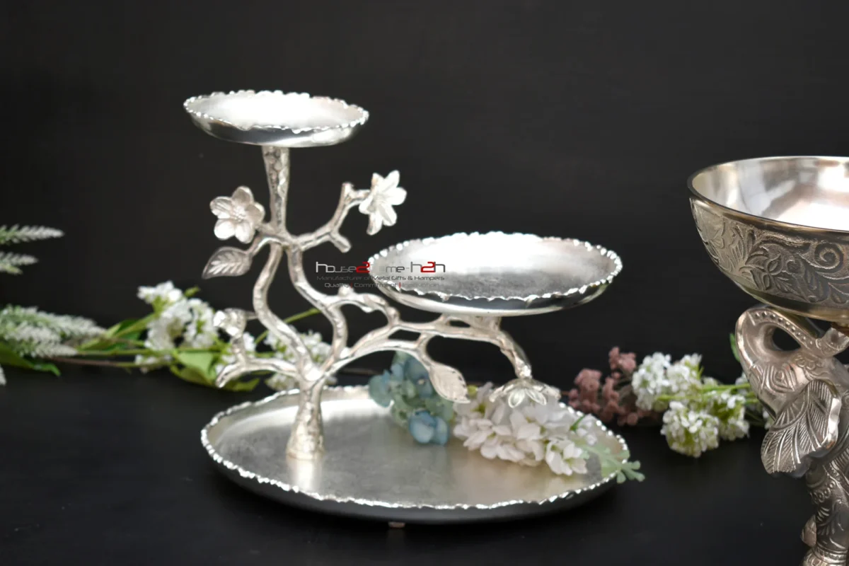A sophisticated silver-toned server, ideal for luxury wedding return gift hampers and curated shaadi trousseaus.
