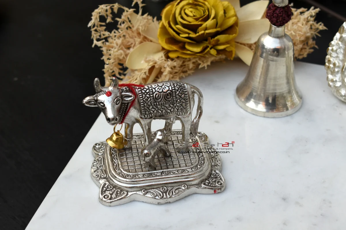 A meaningful German silver Kamdhenu idol, perfect as a thoughtful wedding return gift for sacred shaadi ceremonies.