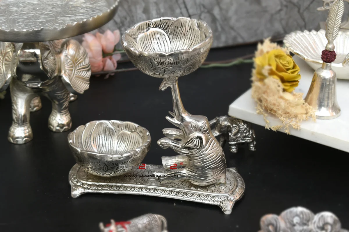 Exquisite dual-bowl diya stand, an ideal gift for Griha Pravesh housewarming and religious pooja ceremony setup