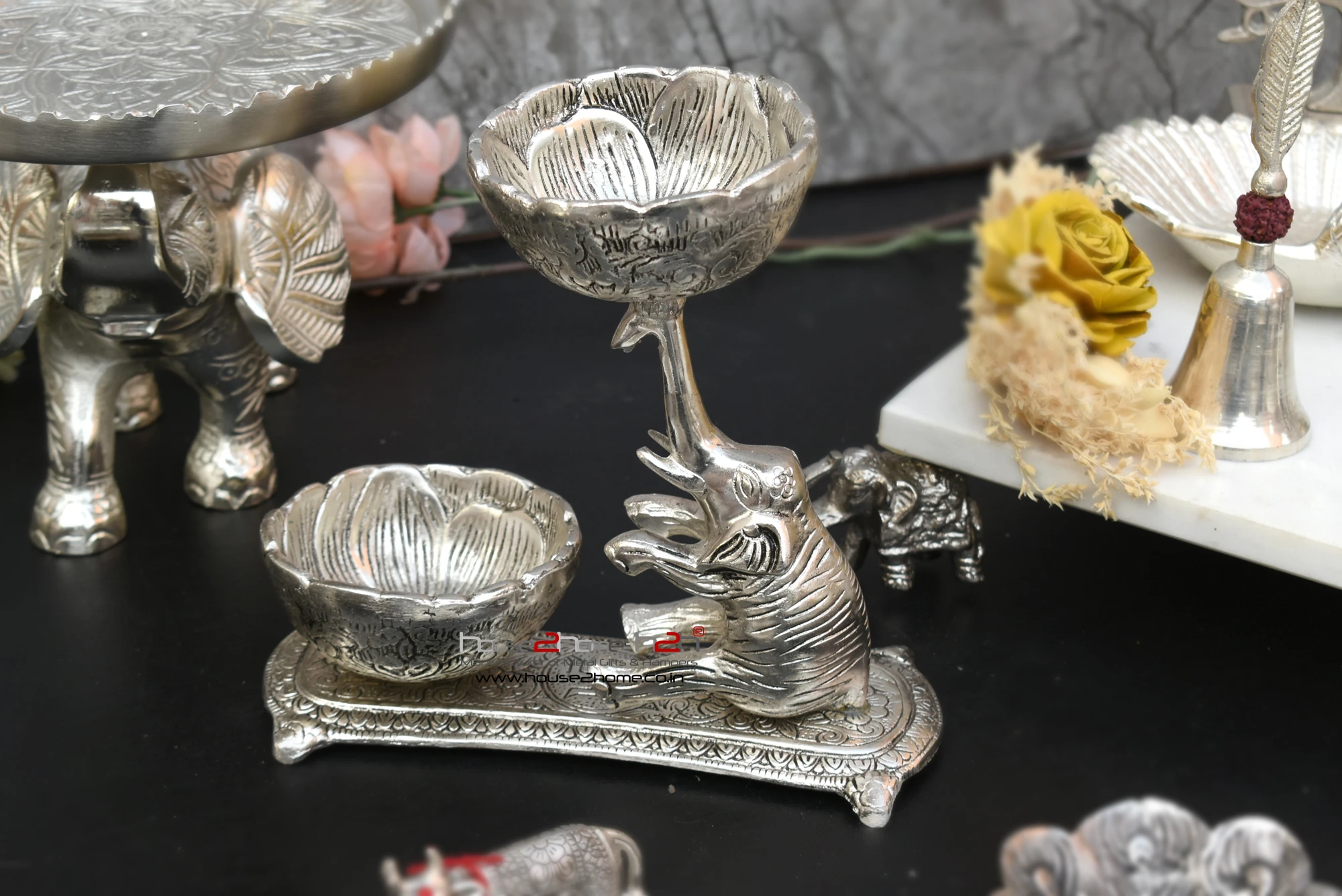Exquisite dual-bowl diya stand, an ideal gift for Griha Pravesh housewarming and religious pooja ceremony setup