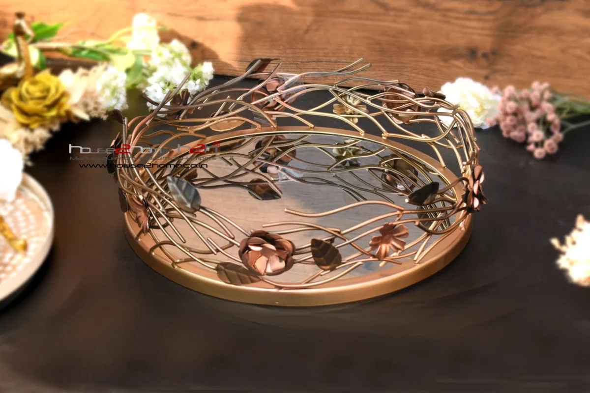 An artistic floral metal tray, ideal for Griha Pravesh gift sets and traditional pooja ceremony displays.