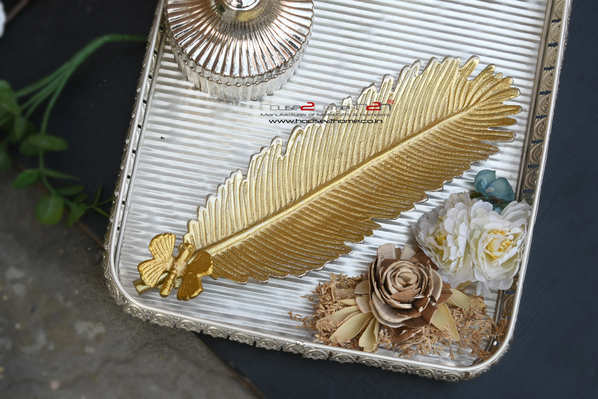 Palm Leaf Metal Platter 12x.01 inch - Fusion Silver gold - Image 3