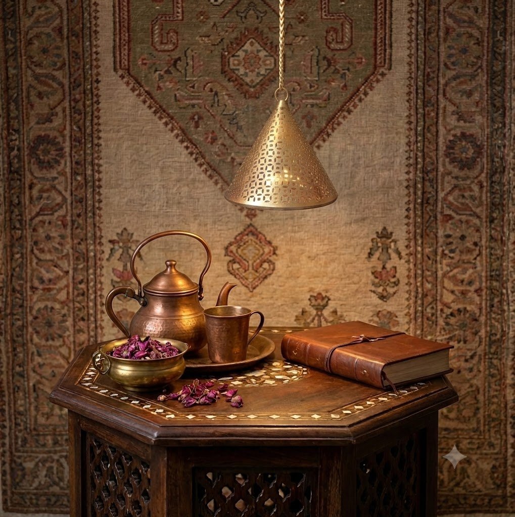 A luxury metal pendant light with a polished brass finish, hanging above a rustic wooden table setup in gold.