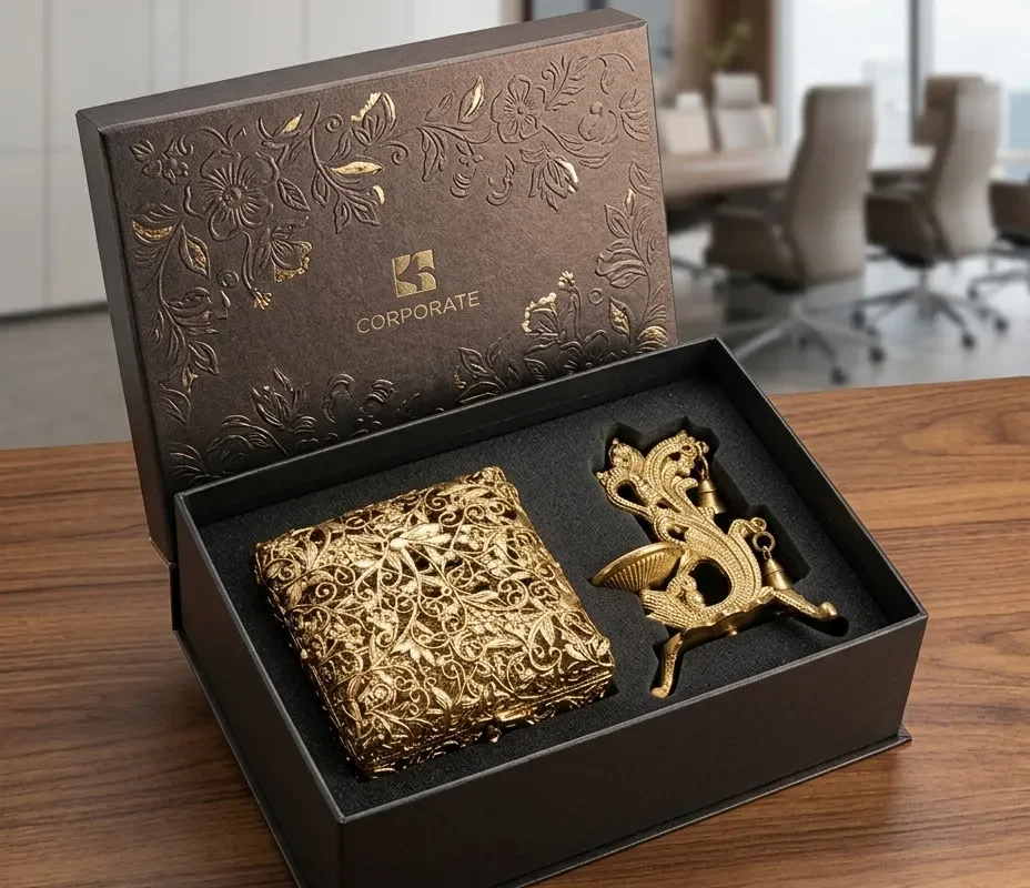 Premium brass gift set featuring a filigree box and diya, designed for professional corporate and associate gifting.