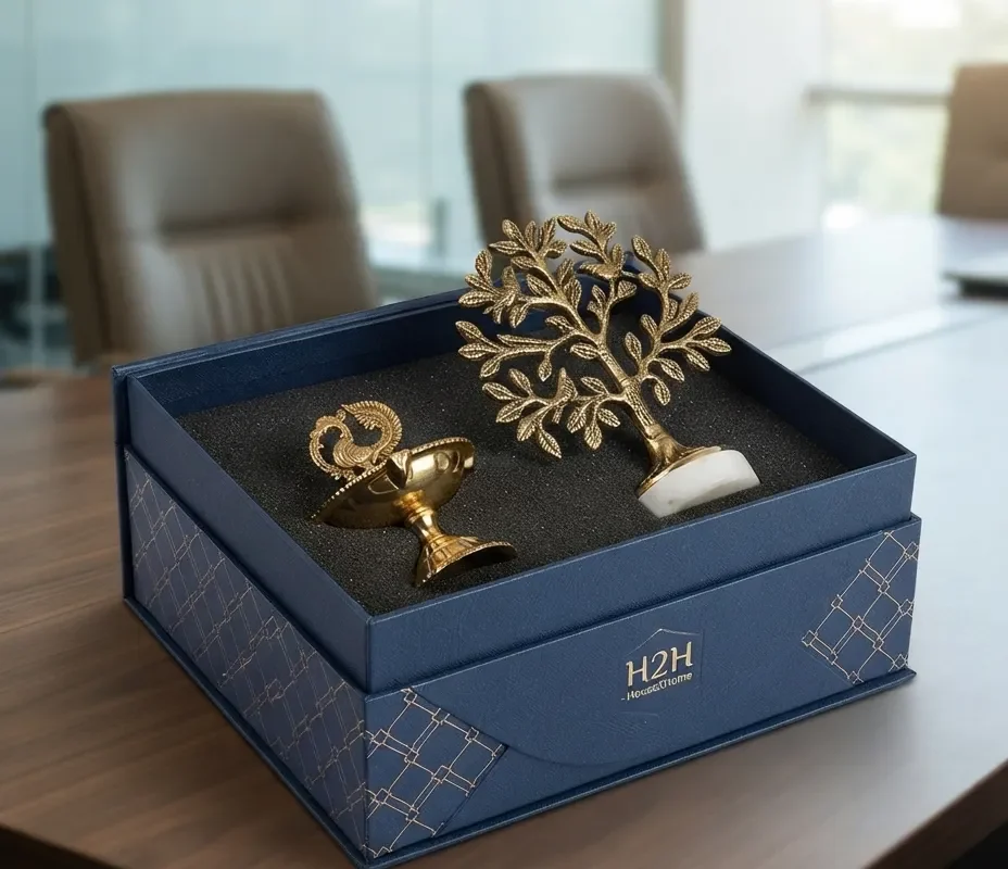 old-finish brass diya and tree set, a perfect selection for auspicious Diwali hampers and Dhanteras gifting.