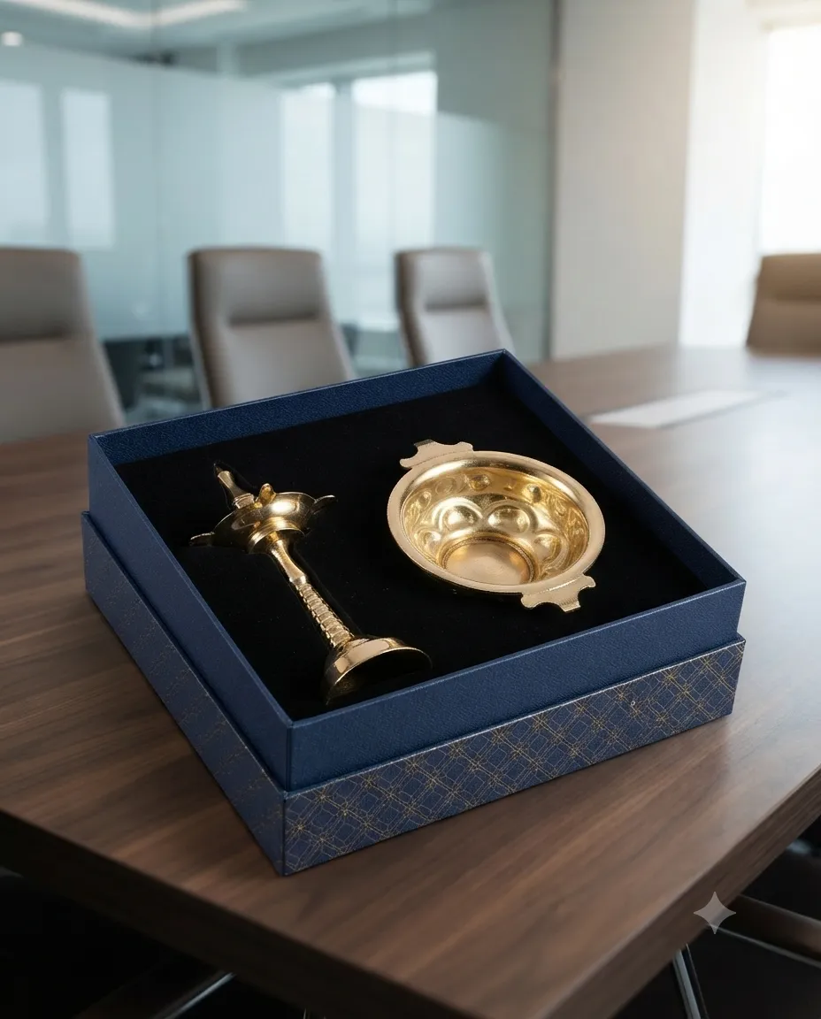 An elegant brass-tone metal ritual diya and urli featuring a patterned rigid gift box.