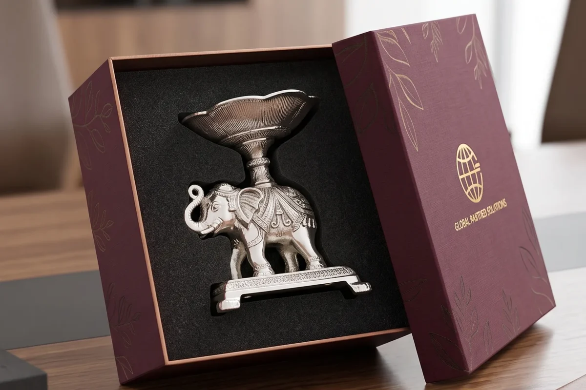 A luxury silver-plated elephant platter figurine supporting a fluted bowl nestled in a dark presentation box.