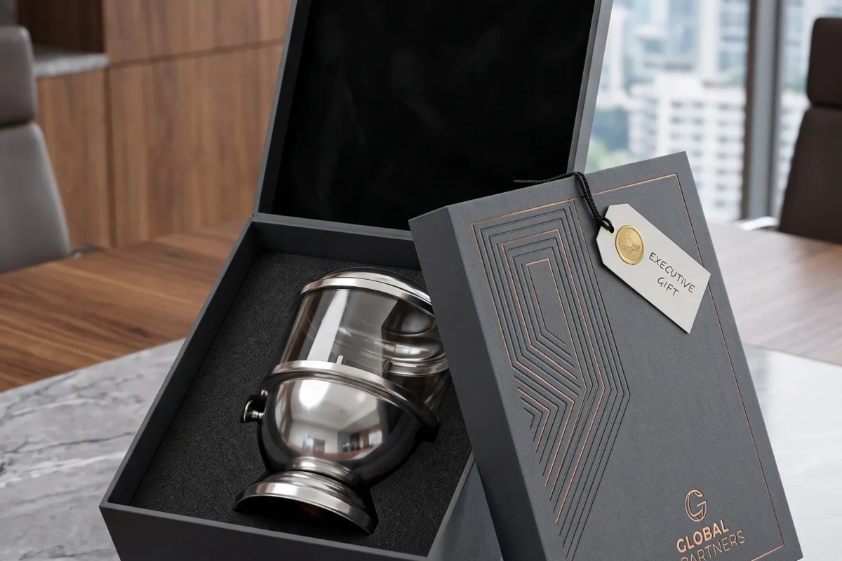 A modern silver metal and glass decorative diya presented inside a custom-fitted executive gift box.