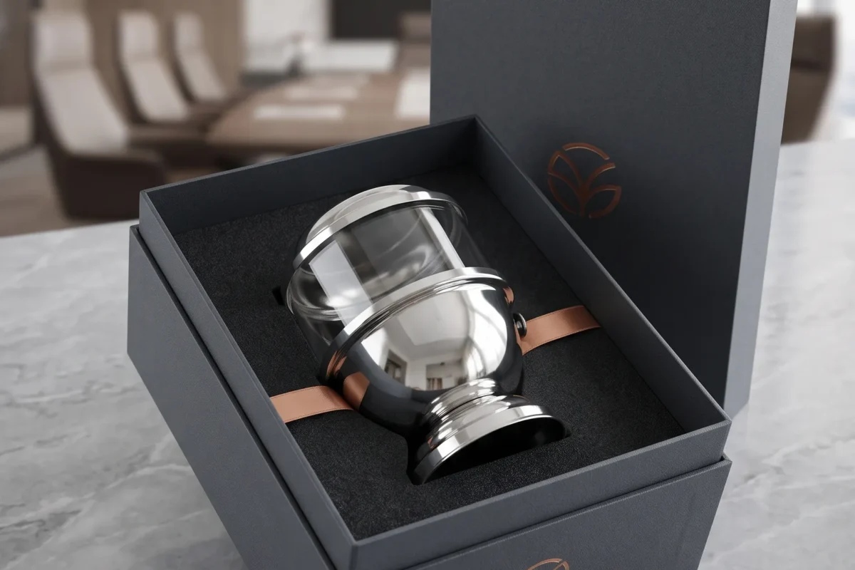 A traditional designed metal and glass decorative diya set featuring a polished silver border.