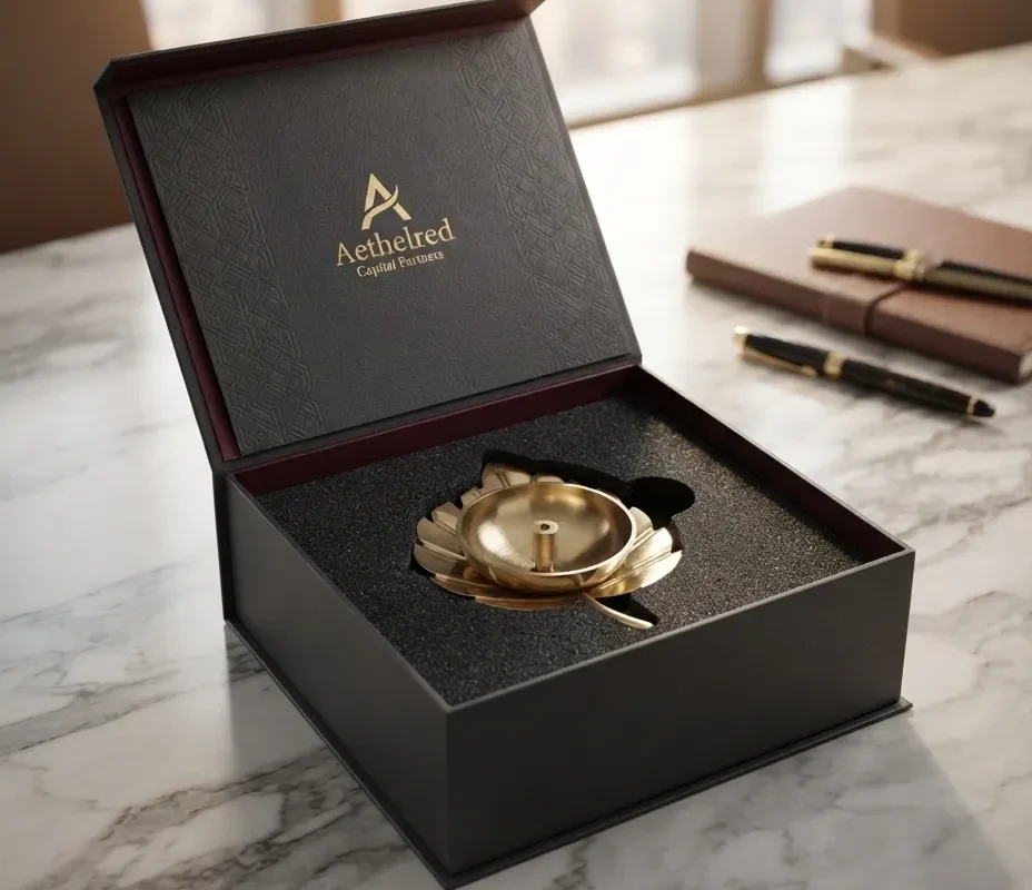 An exquisite brass leaf diya set showcasing smooth metallic curves and traditional styling.