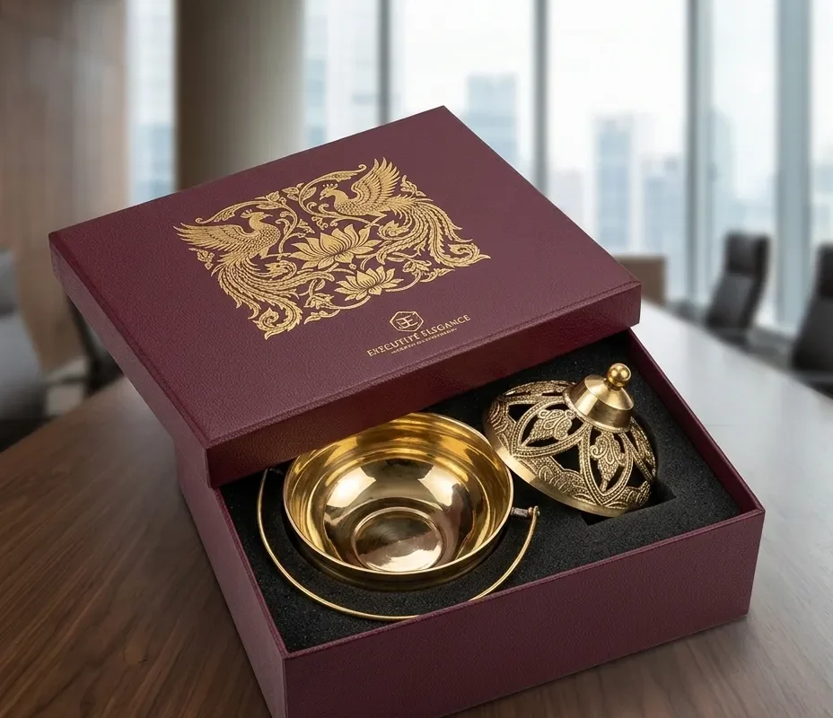 An elegante brass Lobaan set showcasing fine metallic craftsmanship.