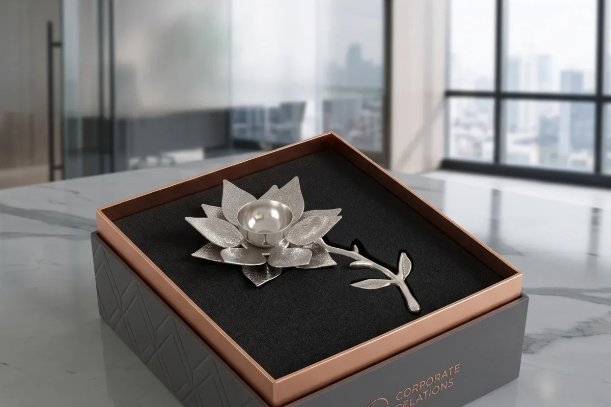 A polished silver metal lotus diya with an attached stem, presented inside a custom-cushioned gift box.