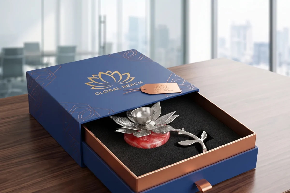 A silver metal lotus diya and tealight holder resting on a red and white base inside a luxury gift box.