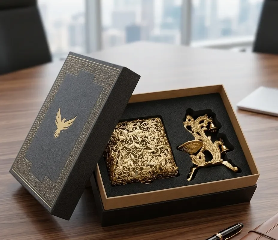 An ornate brass hamper set, a sophisticated choice for premium shaadi return gift collections and ceremonies.