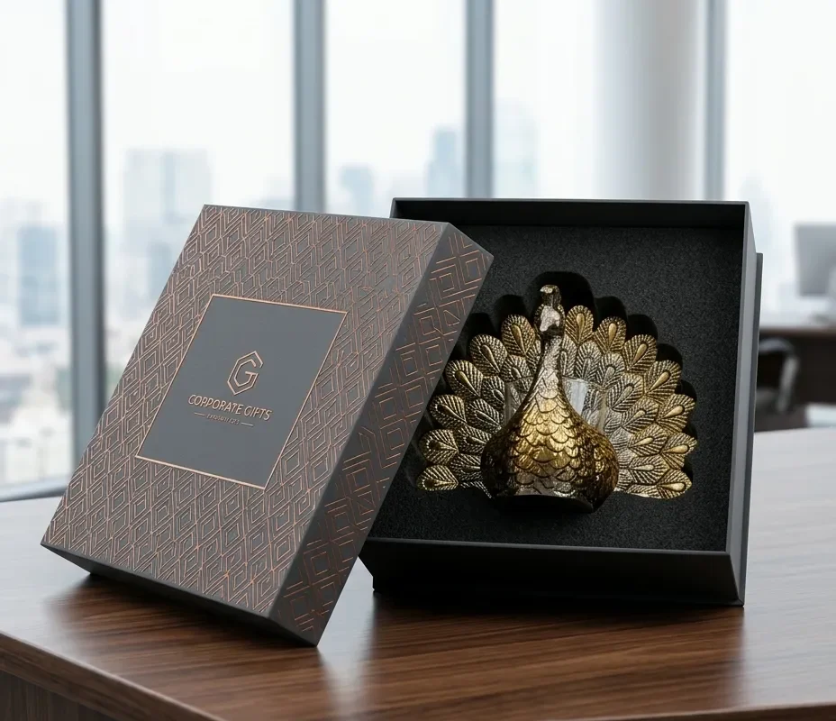 An elegant peacock ornament, perfect for sophisticated shaadi return gift hampers and wedding ceremony favors.