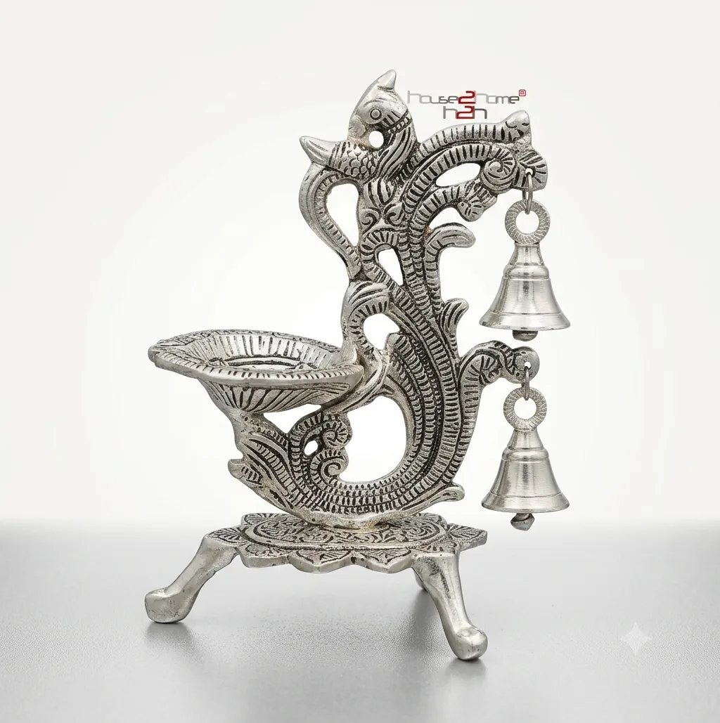 Diwali decorative diya, German silver diya Diwali gift, festive diya with bells, traditional Diwali decor, pooja diya antique finish, Diwali home decor diya