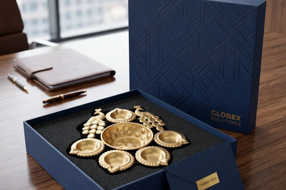 Premium brass pooja set in executive packaging, an ideal selection for high-end corporate employee rewards.