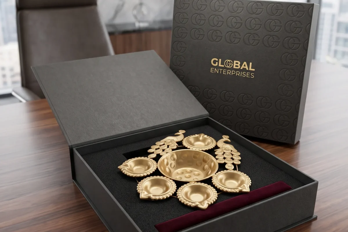 An ornate brass diya set, a sophisticated choice for premium shaadi return gift hampers and ceremonies.