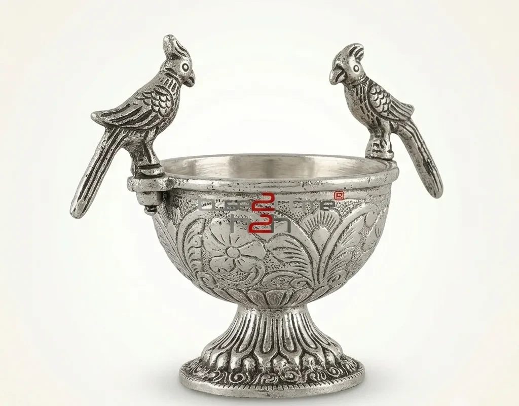 Traditional German silver bird bowl, ideal for Griha Pravesh ceremonies and essential religious pooja rituals.