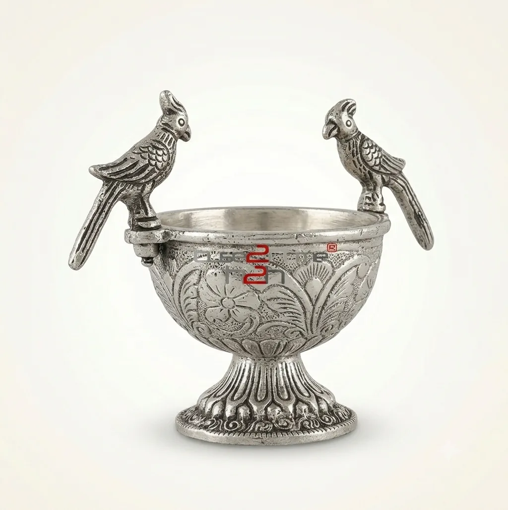Traditional German silver bird bowl, ideal for Griha Pravesh ceremonies and essential religious pooja rituals.