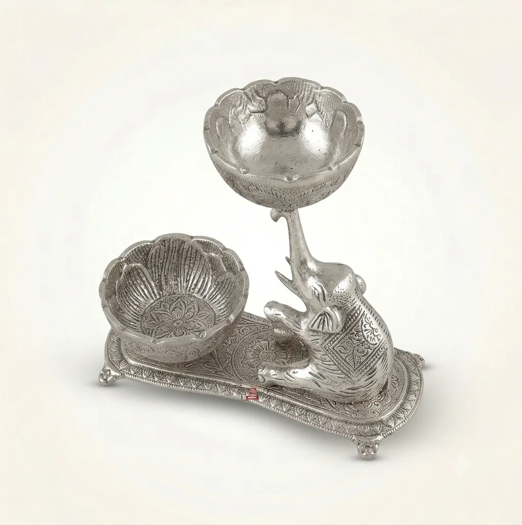 German silver Ganesha serving bowl set displayed as a premium wedding return gift for shaadi and trousseau hampers.