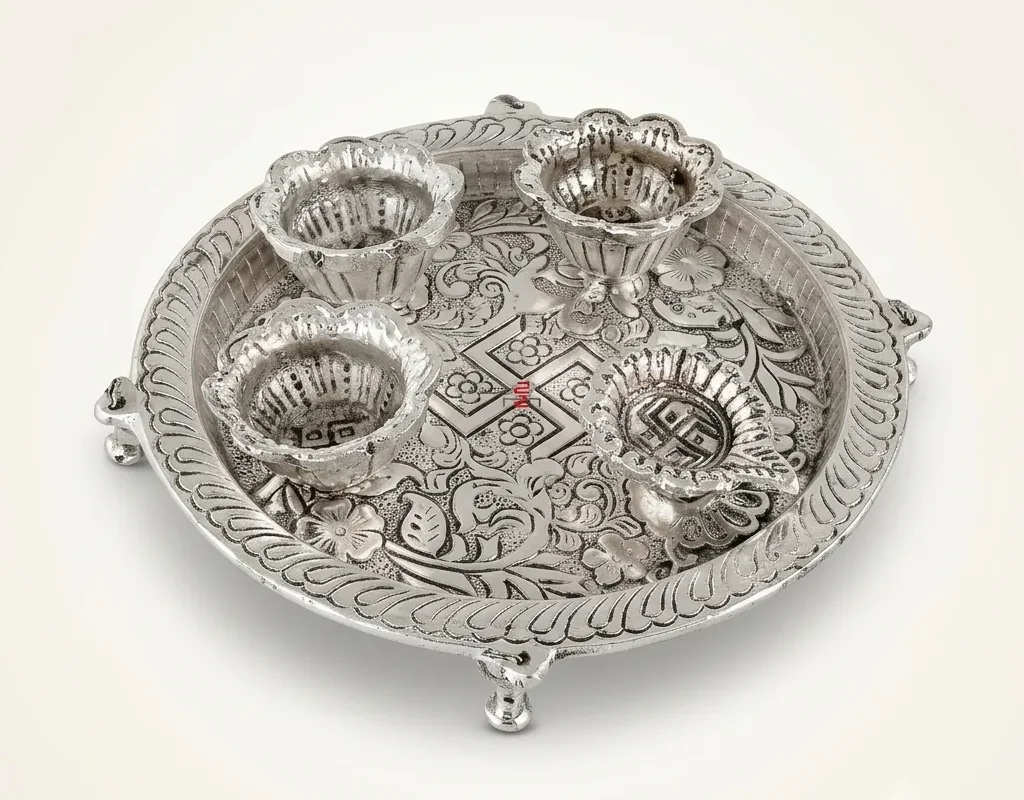 A traditional German silver thali set, perfect for elegant wedding return gift hampers and shaadi ceremony rituals.