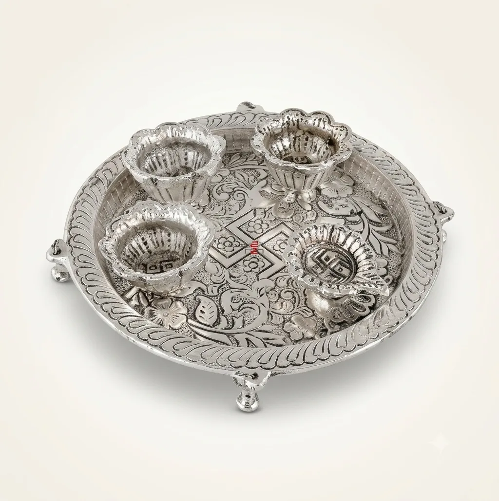 A traditional German silver thali set, perfect for elegant wedding return gift hampers and shaadi ceremony rituals.