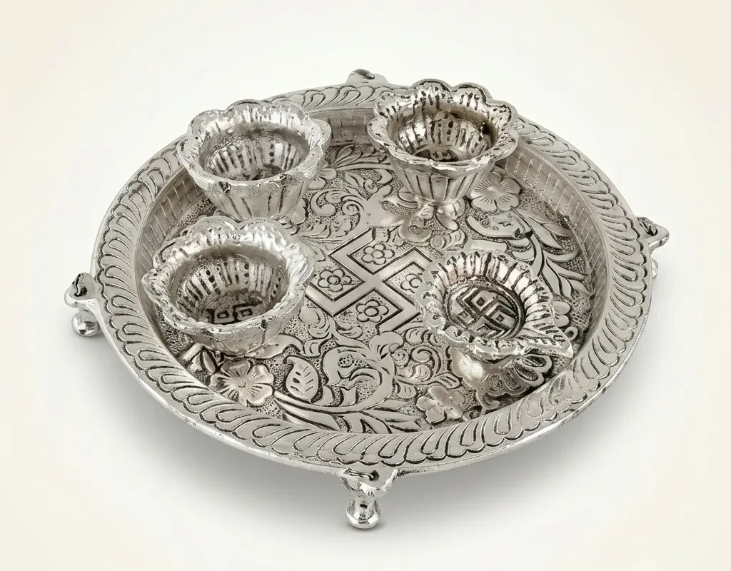 A traditional German silver thali set, perfect for elegant wedding return gift hampers and shaadi ceremony rituals.