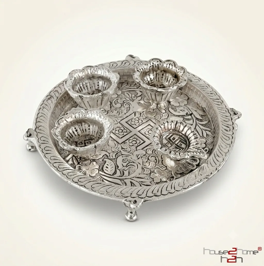 A traditional German silver thali set, perfect for elegant wedding return gift hampers and shaadi ceremony rituals.