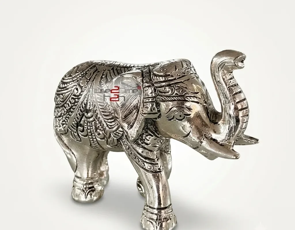 Auspicious German silver elephant showpiece displayed for Diwali celebrations and traditional Dhanteras metal gifting.
