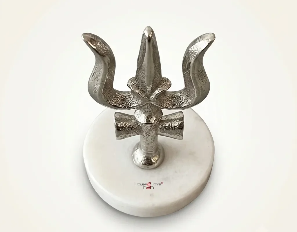 German silver Trishul with Damru on a marble base for devotional décor and spiritual home display.