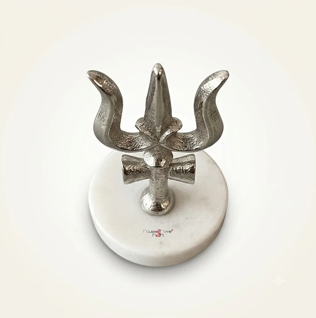 German silver Trishul with Damru on a marble base for devotional décor and spiritual home display.
