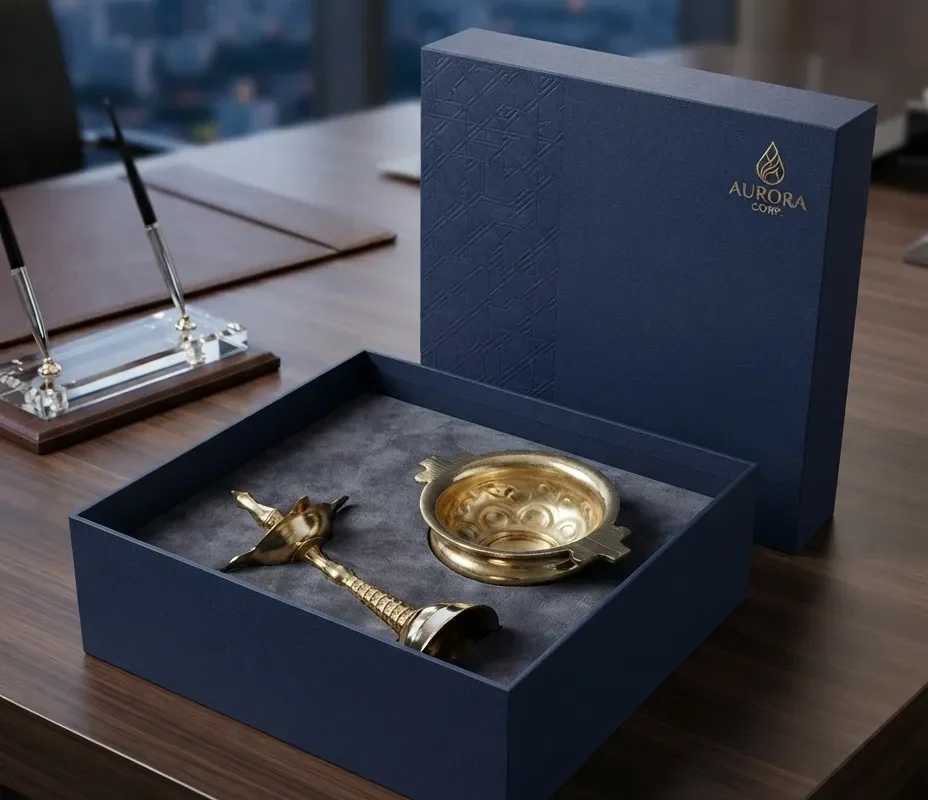 A traditional brass diya and kumkum set, ideal for auspicious Diwali festive and Dhanteras gift collections.