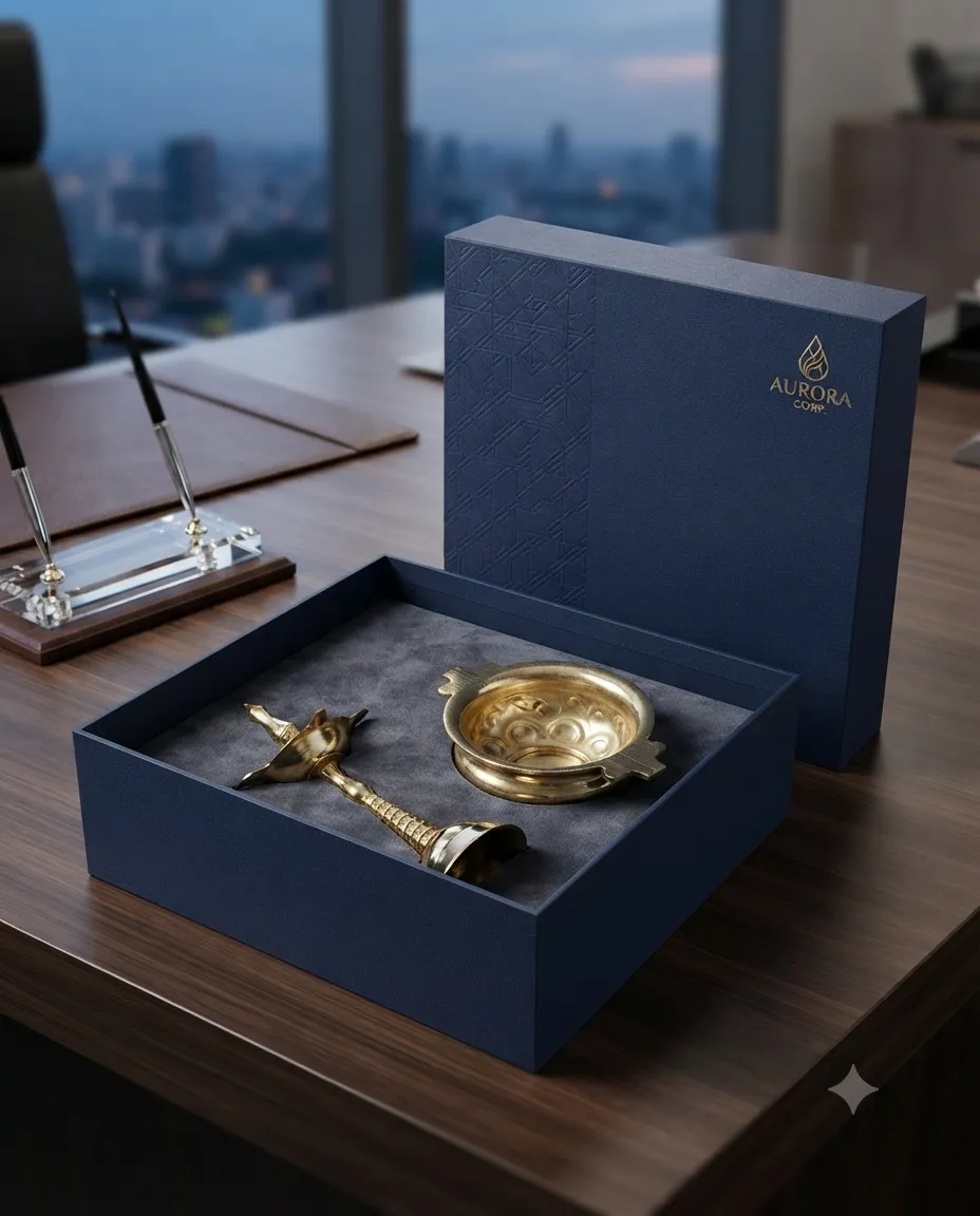 A traditional brass diya and kumkum set, ideal for auspicious Diwali festive and Dhanteras gift collections.