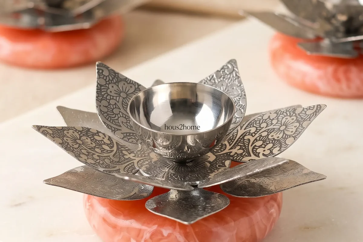 Decorative German silver lotus diya with embossed petals – premium corporate Diwali gift hamper