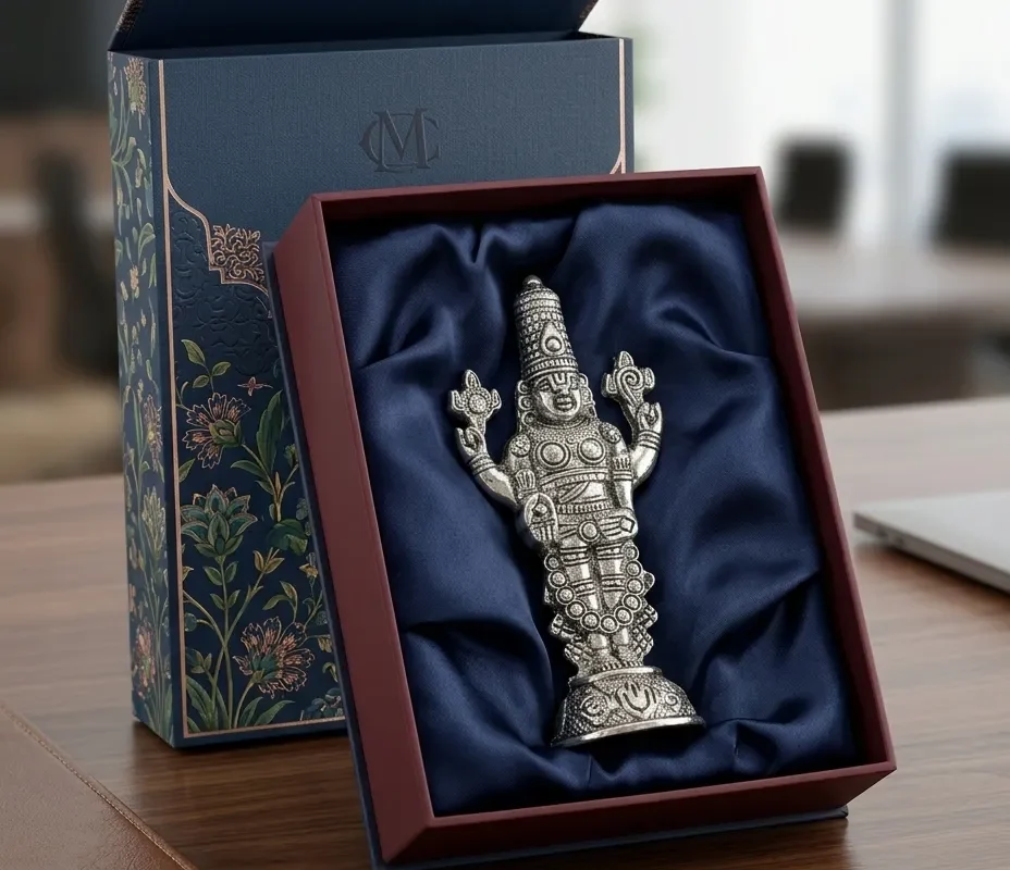 A premium German silver Lord Venkateswara idol, finely crafted and set within a luxurious display box.